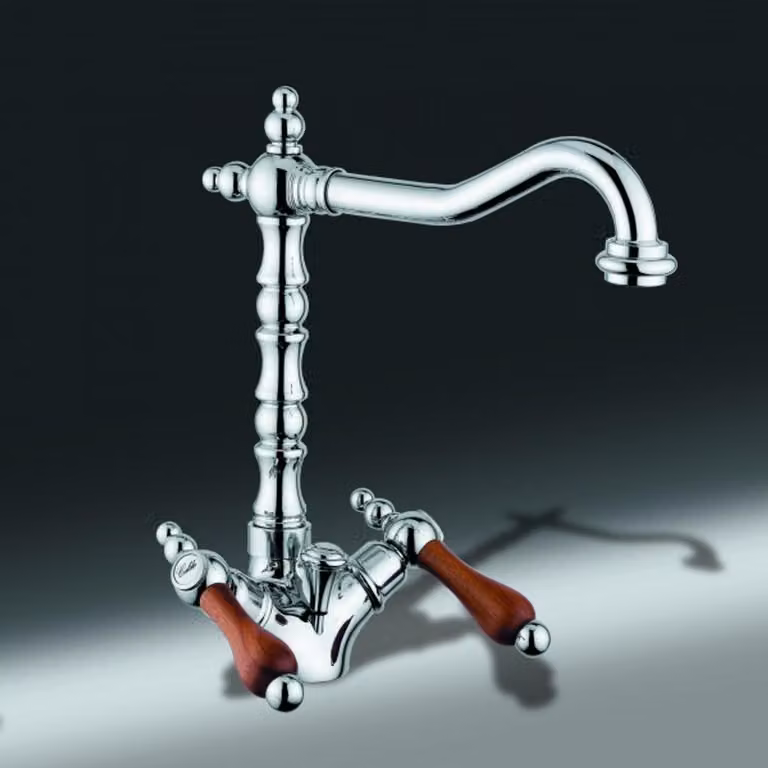 Rubinetteria per lavabo in stile Art Déco "Casa Padrino Luxus", serie Milano - Cromo / Teak - Miscelatore monocomando - 1 1/4 pollici