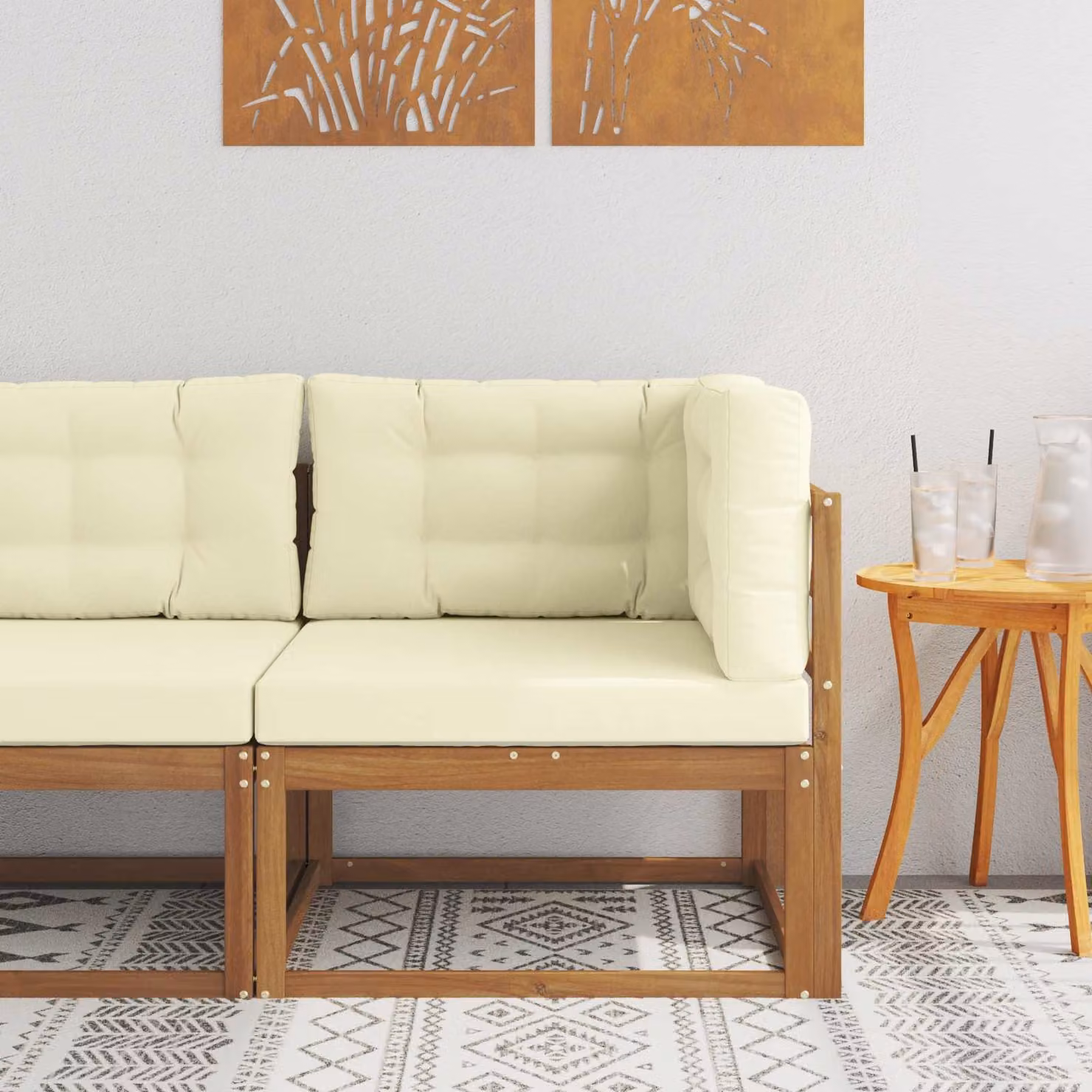 Divano angolare da esterno vidaXL in legno di acacia con cuscini beige e marrone
