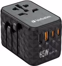 Adattatore da viaggio Verbatim GaN III UTA-05 per Australia, Europa, Regno Unito e USA, 100-240V, Nero