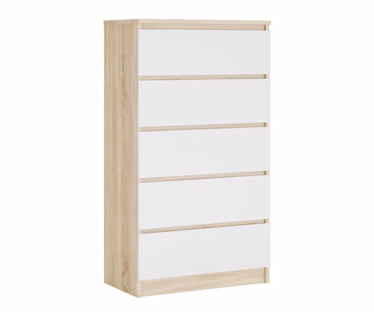 Cassettiera con 5 cassetti, colore: rovere Sonoma / bianco, A: 70 x 125 x 39 cm