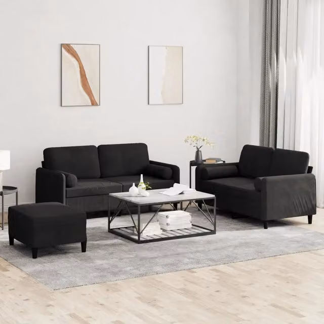 Set di 3 divani vidaXL in velluto nero con cuscini per soggiorno in stile moderno – 1