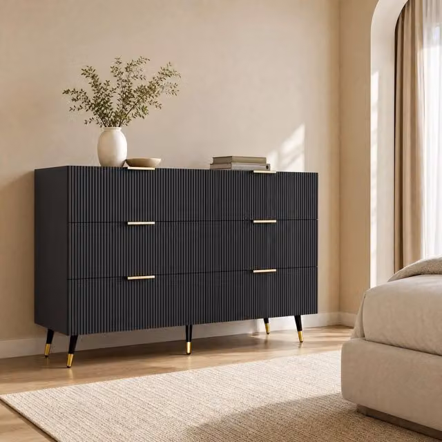 Credenza 120 cm nera e dorata - 6 cassetti, ampio spazio contenitivo