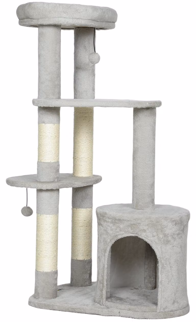 PawHut Tiragraffi a torre per gatti da 114 cm con cuccia, pali in sisal, piattaforma grigio chiaro