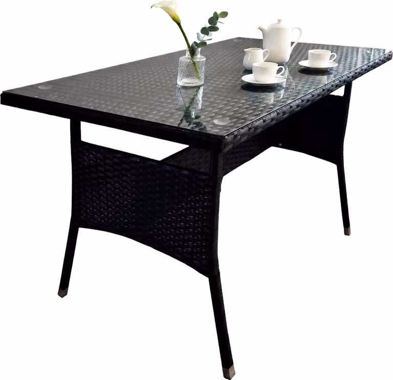 Tavolo da giardino Relaxdays, A x L x P: 70 x 100 x 60 cm, resistente alle intemperie, polyrattan, piano in vetro, tavolo da pranzo per giardino e balcone, nero