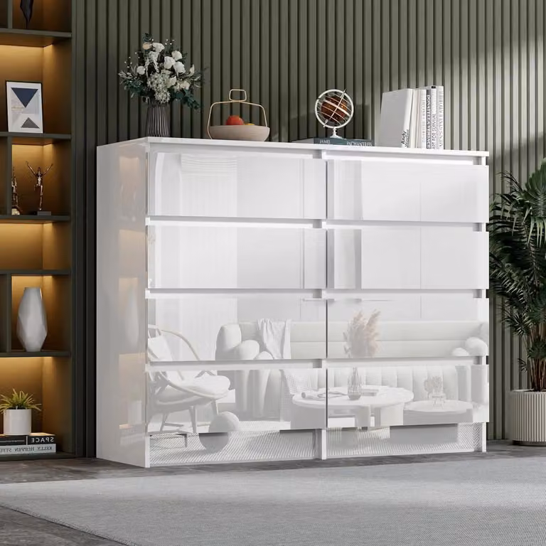 Comodino lucido bianco con 8 cassetti, dimensioni 120x99x40 cm. Ideale per riporre oggetti in camera da letto, soggiorno, ufficio o ingresso