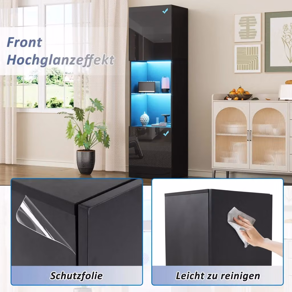 Vetrina angolare REDOM nera lucida con illuminazione LED integrata e ante in vetro, L: 45 cm, P: 35 cm, H: 160 cm – 2