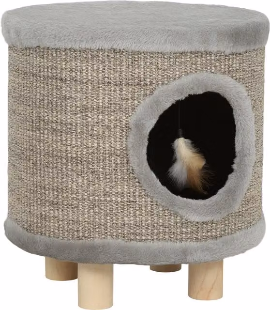Cuccia per gatti 3 in 1 PawHut: letto, sgabello e poggiapiedi con tiragraffi in sisal e gambe in legno, Grigio, L/P/H: 36 x 36 x 38 cm – 1