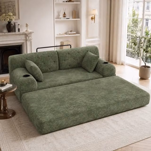 Divano letto MIVRAY in velluto verde con funzione notte, telaio in metallo e portabevande
