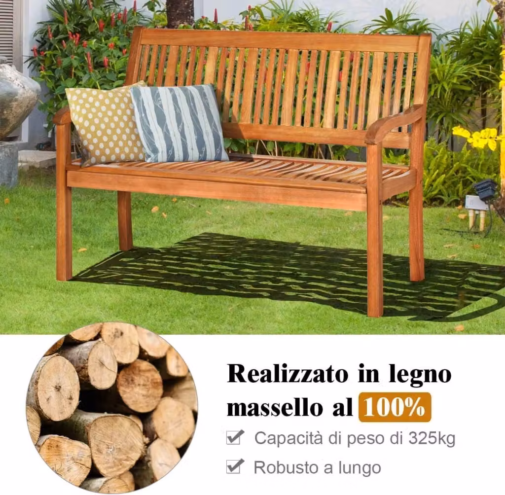 Panchina da giardino Costway in legno trattato marrone per 2 persone con braccioli L: 126 cm, P: 63 cm, H: 91 cm – 2