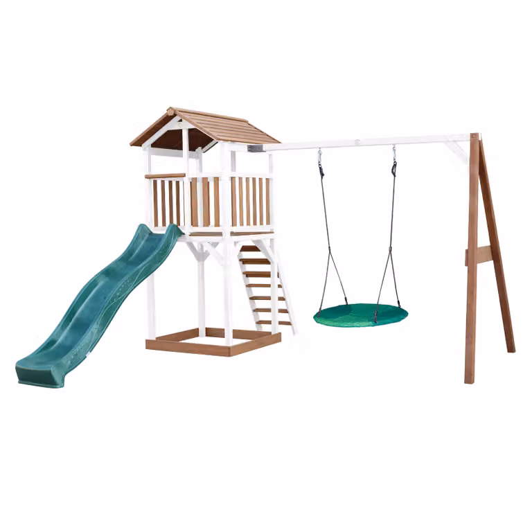 AXI Beach Tower parco giochi in legno in marrone e bianco | Torre di gioco con sabbiera, altalena a nido e scivolo verde | Casa per bambini su palafitte per il giardino