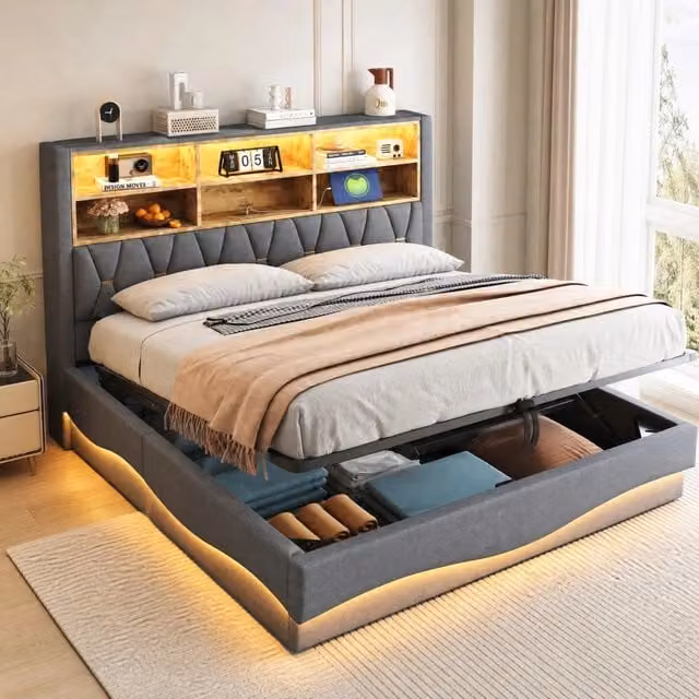 Letto imbottito 180x200 cm con contenitore idraulico, illuminazione LED controllata via app, struttura in metallo e rivestimento in lino grigio