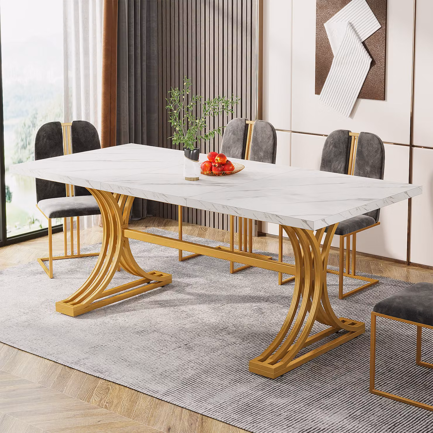 Tavolo da pranzo Tribesigns per 4-6 persone, 160 x 80 x 75 cm Tavolo da cucina moderno con piano in finto marmo ed eleganti gambe in metallo, bianco