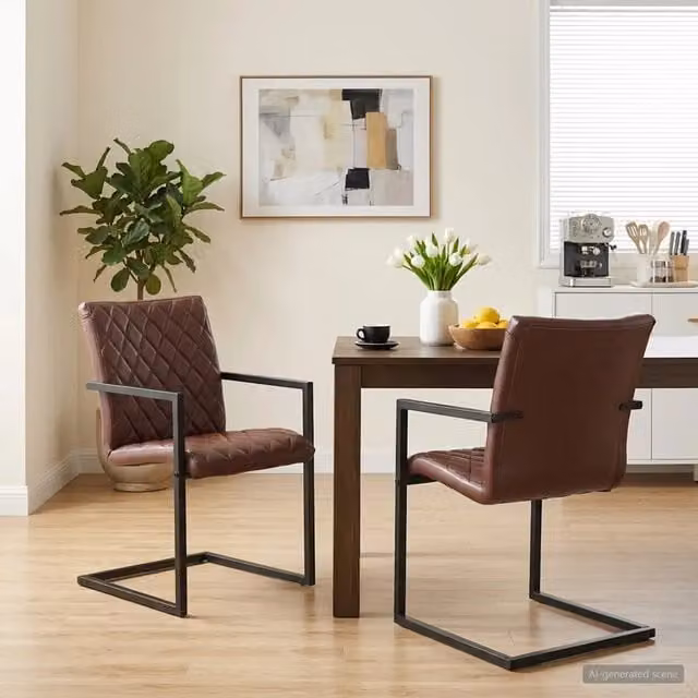Set di 2 sedie da pranzo a sbalzo vidaXL in vera pelle marrone con struttura in metallo e design retro
