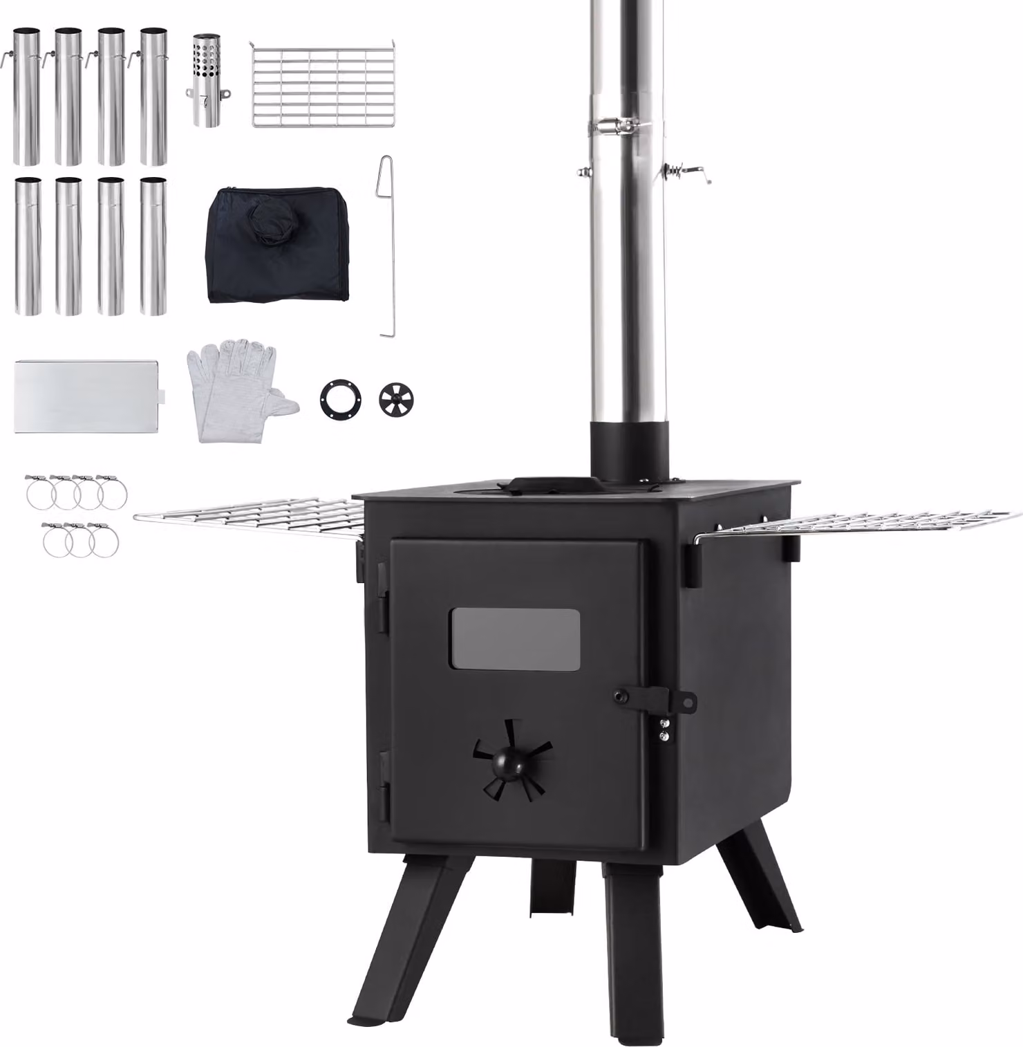 SucceBuy stufa a legna portatile da 86 pollici, stufa a tenda da campeggio in acciaio legato con focolare da 1400 pollici³, 8 canne fumarie e guanti, stufa a tenda calda per cucinare e riscaldare all'aperto