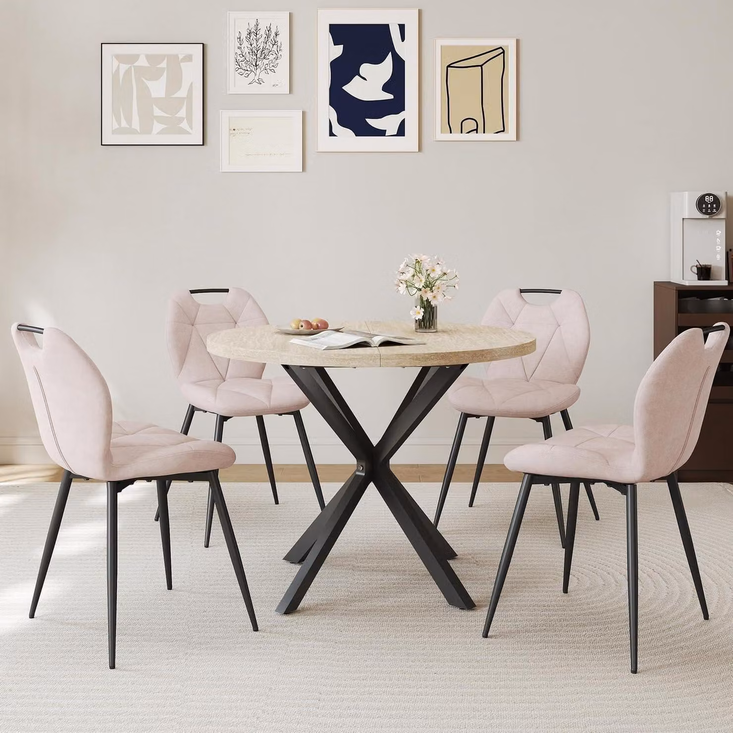 Gruppo tavolo da pranzo rotondo, diametro 100 cm, con 4 sedie imbottite, stile nordico, travertino giallo, colore beige