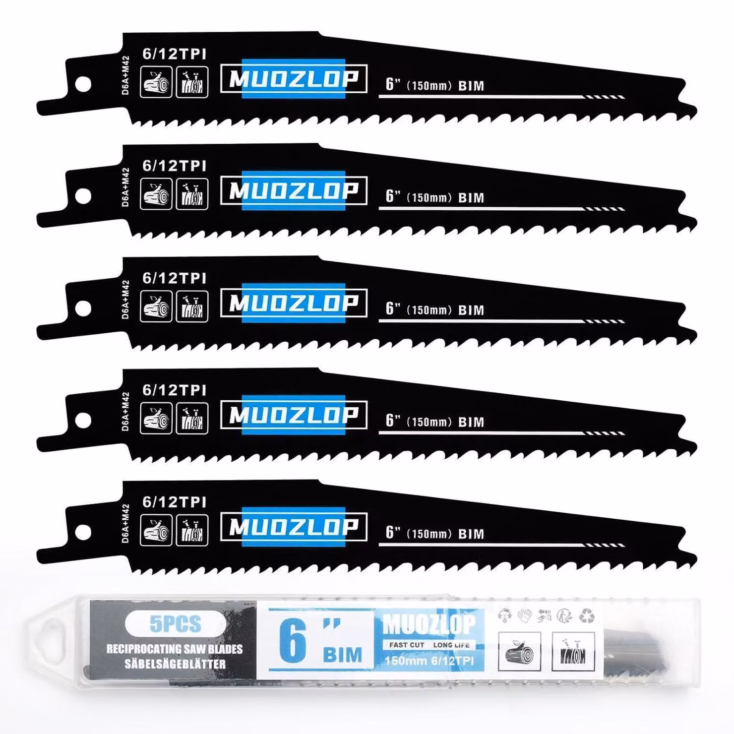 Set di lame per seghetto alternativo, 5 pezzi, 150 mm, con 6/12 denti per pollice, adatte per il taglio del legno, compatibili con seghetti alternativi standard