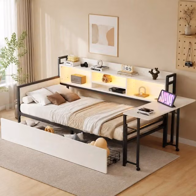 Letto singolo multifunzione ULEVR 90x200 cm con scrivania estraibile, LED, presa e 2 cassetti, bianco
