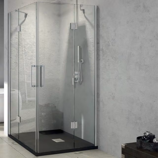 Cabina doccia angolare Ogomondo con 2 ante battenti in cristallo trasparente da 8 mm, H 195 cm, L 67-69 cm, P 97-99 cm
