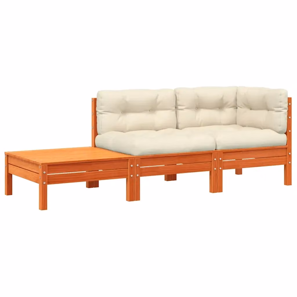 vidaXL Divano da Giardino ad L con Cuscini e Poggiapiedi in Legno Massello di Pino, Marrone e Beige – 2