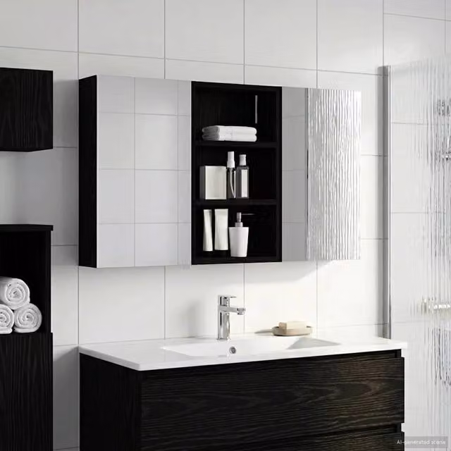 Set di 3 armadi da bagno moderni vidaXL con specchio e illuminazione LED in nero, L/P/H: 90 x 10,5 x 50 cm