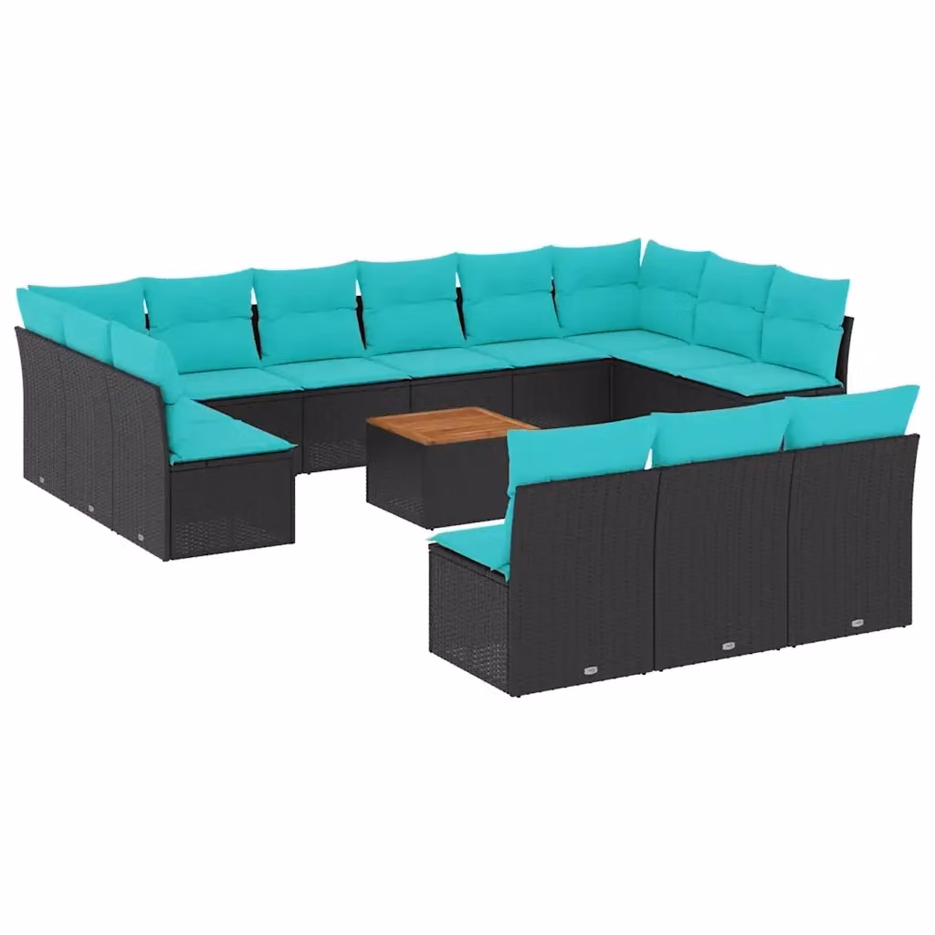 Set di Divani da Giardino a Forma di U vidaXL in Polyrattan Nero con Cuscini Blu e Tavolino da Esterno – 2