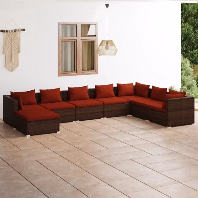 Set di Divani da Giardino a L con Cuscini vidaXL, 8 Pezzi in Polyrattan Marrone e Rosso con Struttura in Acciaio Verniciato a Polvere