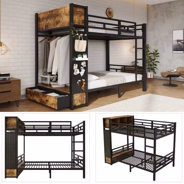 Letto a castello in metallo nero 120x200 cm con contenitore integrato; asta appendiabiti; cassetto e vani; finitura noce scuro
