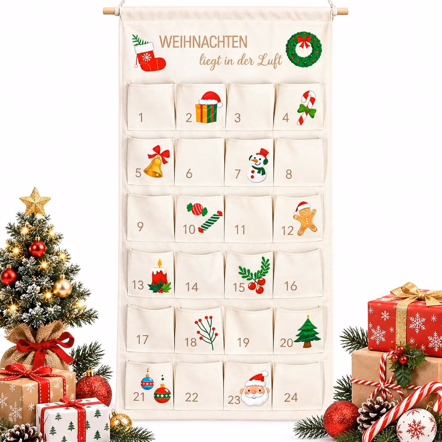 Calendario dell'Avvento in tessuto, 100 x 50 cm, con 24 tasche, ideale per decorazioni natalizie personalizzate