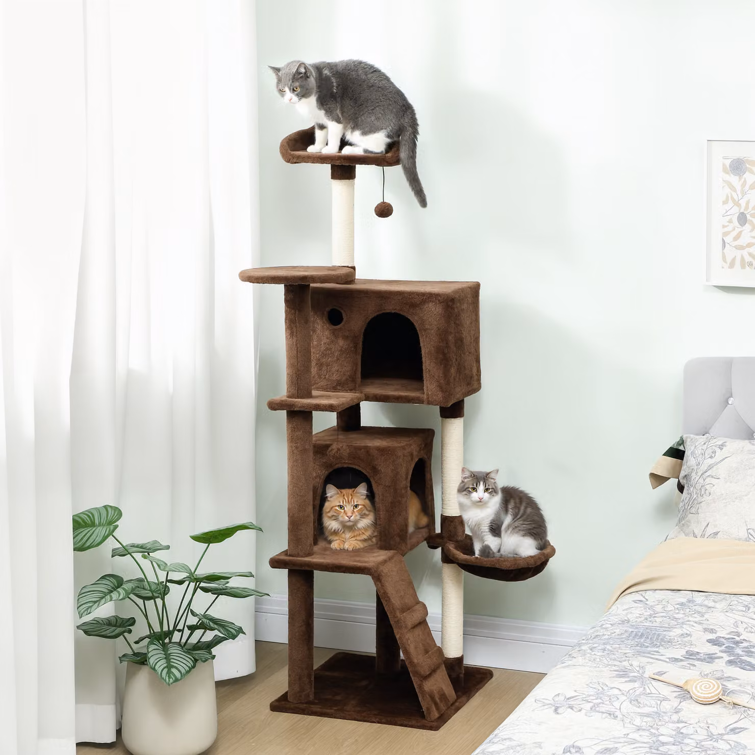 Tiragraffi per Gatti PawHut con Amaca, 2 Tane, Scala e Pali in Sisal, Marrone, Altezza: 160 cm – 2