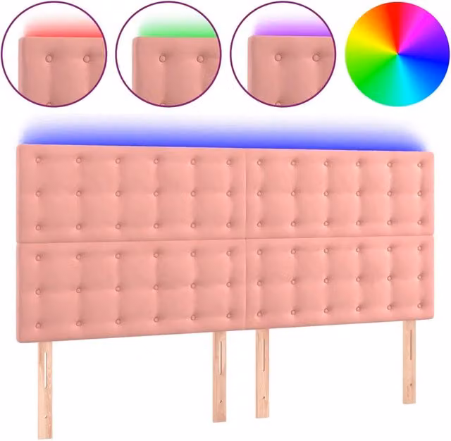 Testata del letto con illuminazione LED e porta di ricarica USB in velluto rosa, L: 200 cm, P: 5 cm, H: 118/128 cm