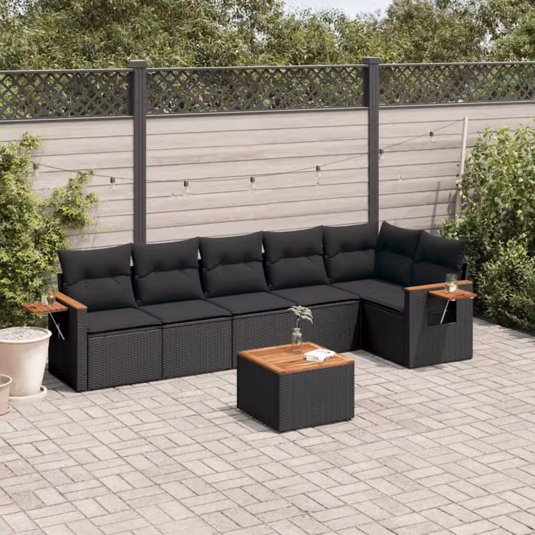 vidaXL Set Divani da Giardino a L con Cuscini 7pz in Polyrattan Nero e Legno di Acacia