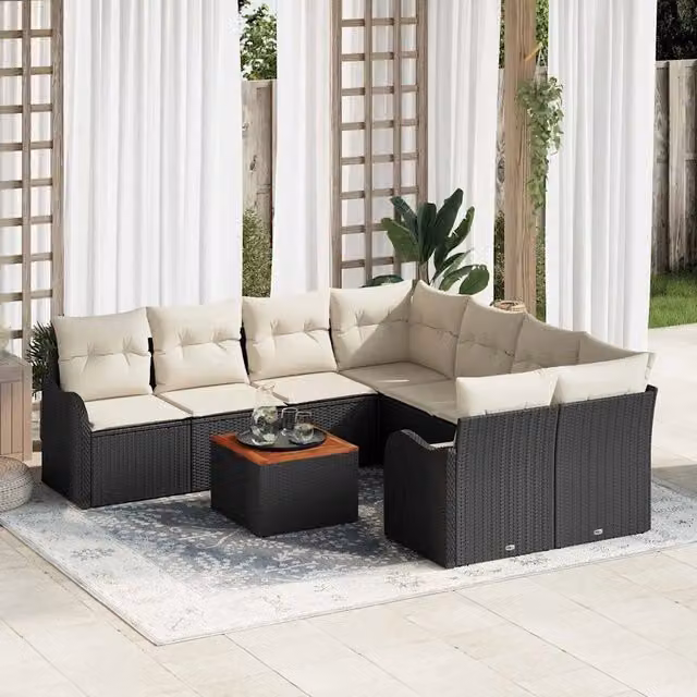 Set Divano da Giardino 9 pz Nero e Crema polyrattan 3356101