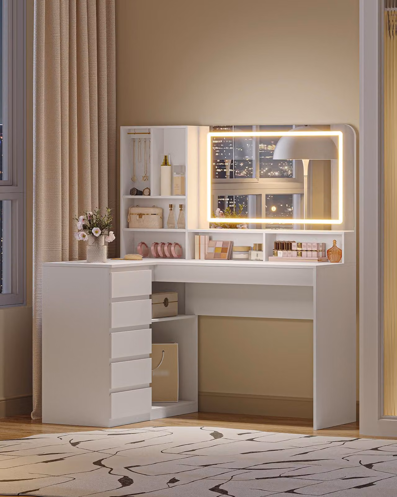 Tavolino da trucco a forma di L - Bianco - 5 cassetti - Realizzato in legno truciolare - Con specchio e illuminazione a LED