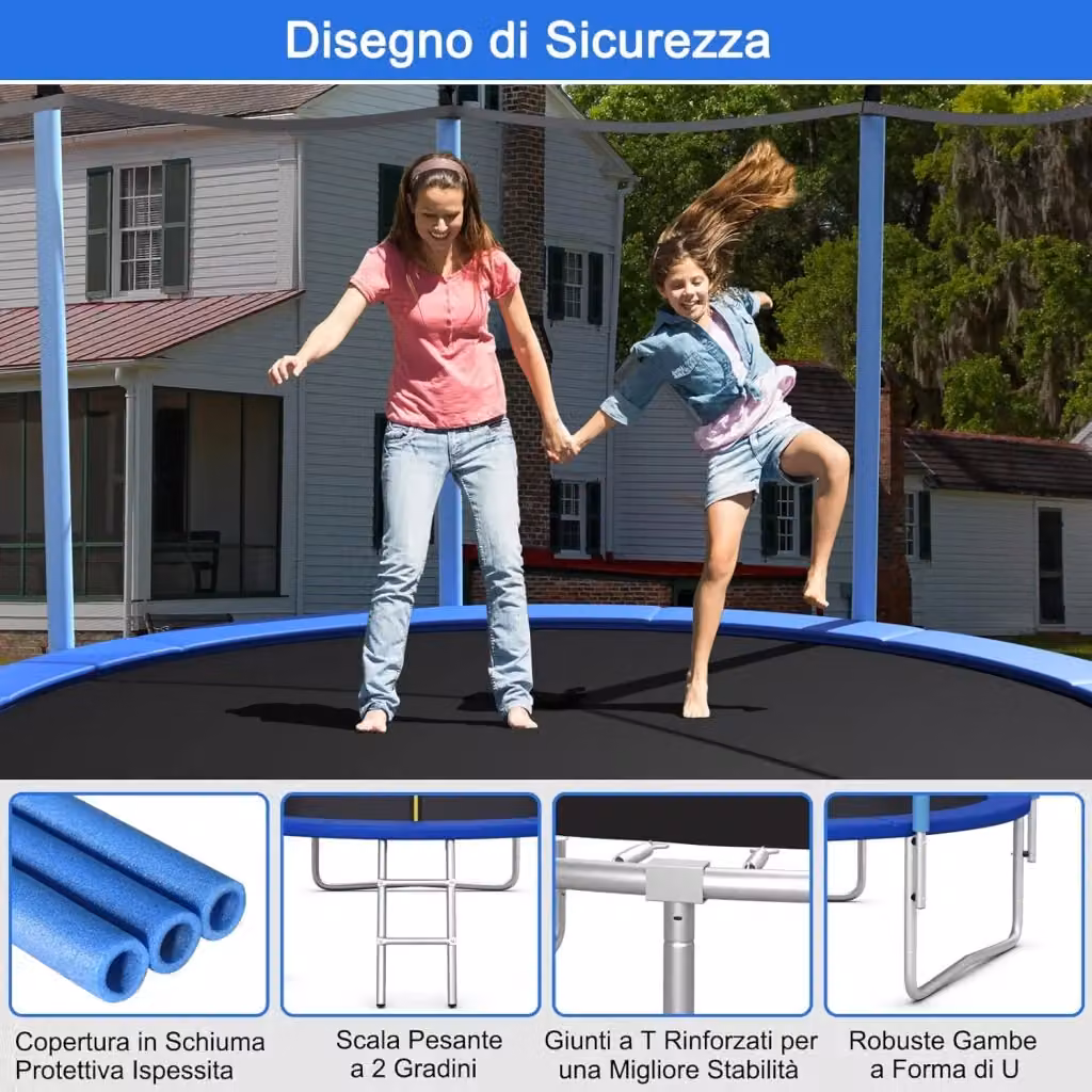 Costway Tappeto elastico da esterno blu con rete di sicurezza e struttura in metallo, diametro 305 cm – 2