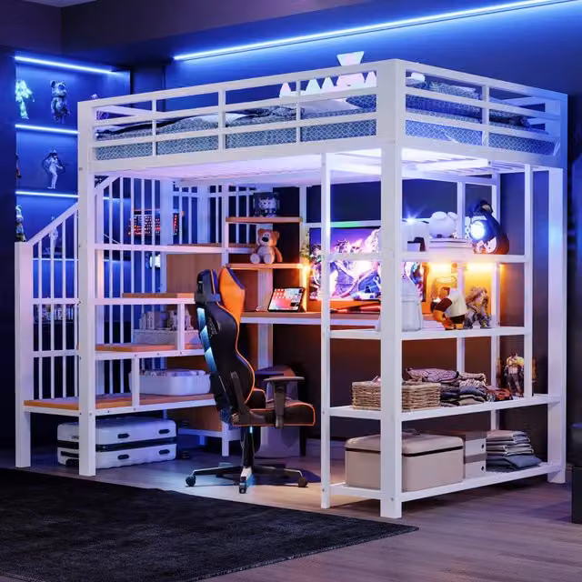 Letto a soppalco 140 × 200 cm con scala contenitore, LED, prese e scrivania, senza materasso, in metallo, bianco