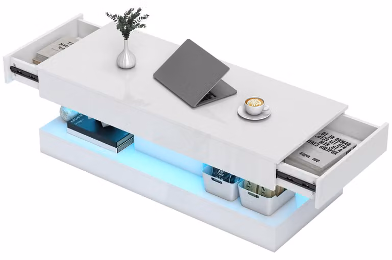 Tavolino con 2 cassetti e illuminazione LED | Colore: Bianco | Dimensioni: 120x50x42 cm