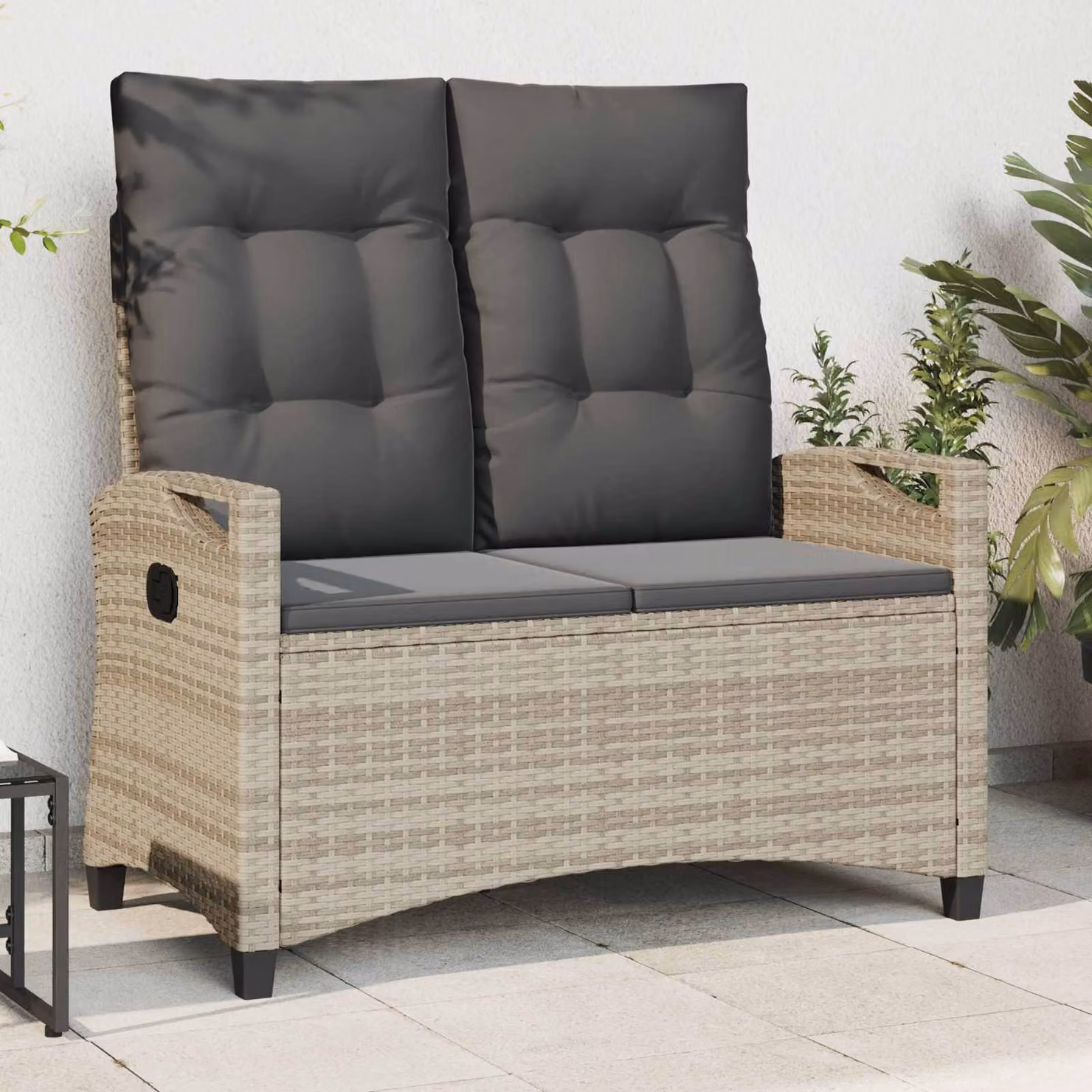 Panchina da giardino moderna vidaXL in metallo e rattan con cuscino grigio, L 105 x P 60 x H 112 cm