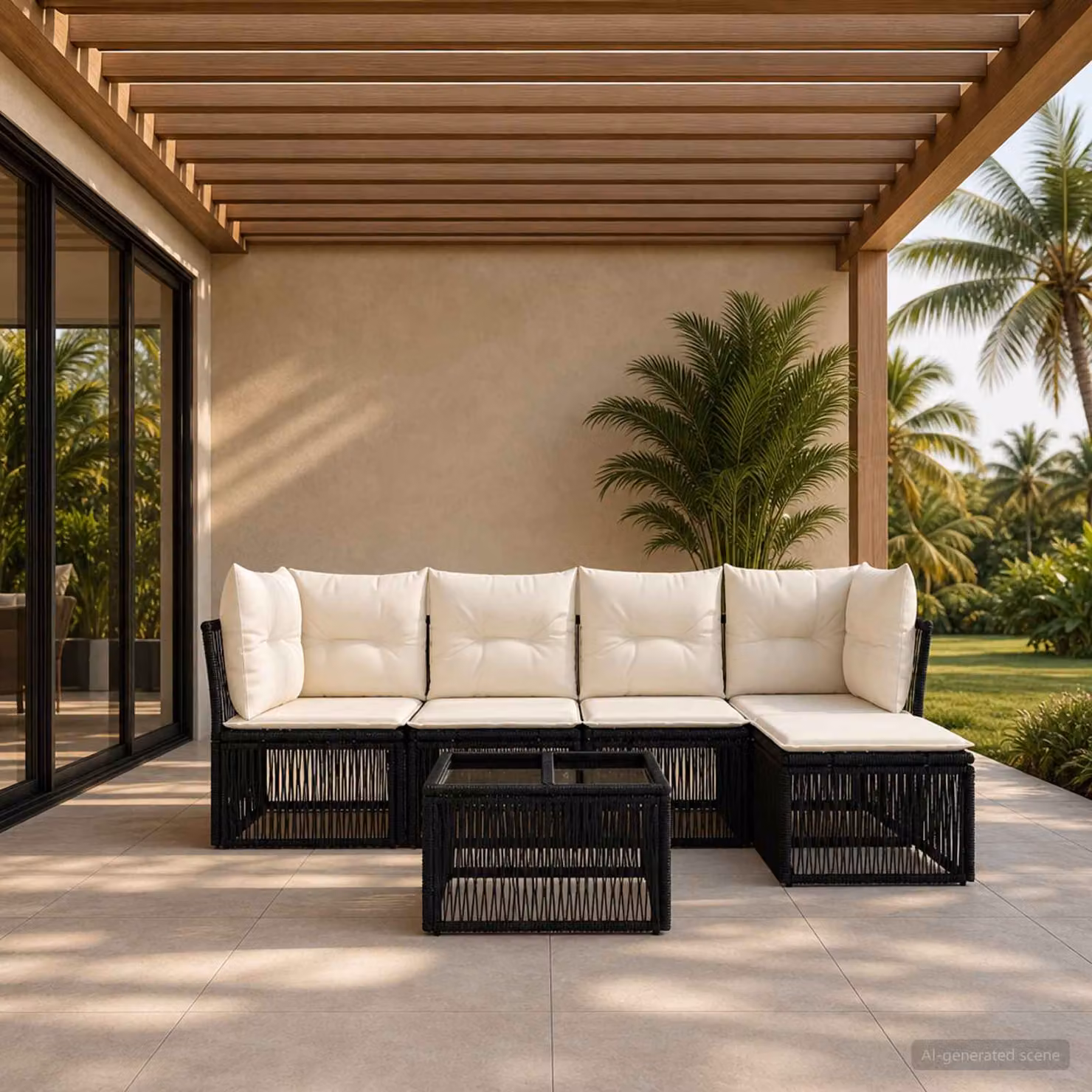 Set Divano da Giardino vidaXL 6 pz Nero con Poltrona, Tavolino e Ottoman in Polyrattan e Acciaio con Cuscini Imbottiti