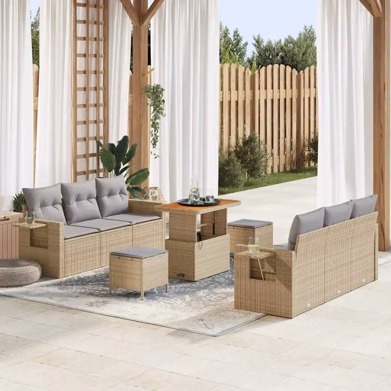 Set Divano da Giardino vidaXL in Polyrattan Beige con Cuscini e Tavolino da 9 Pezzi