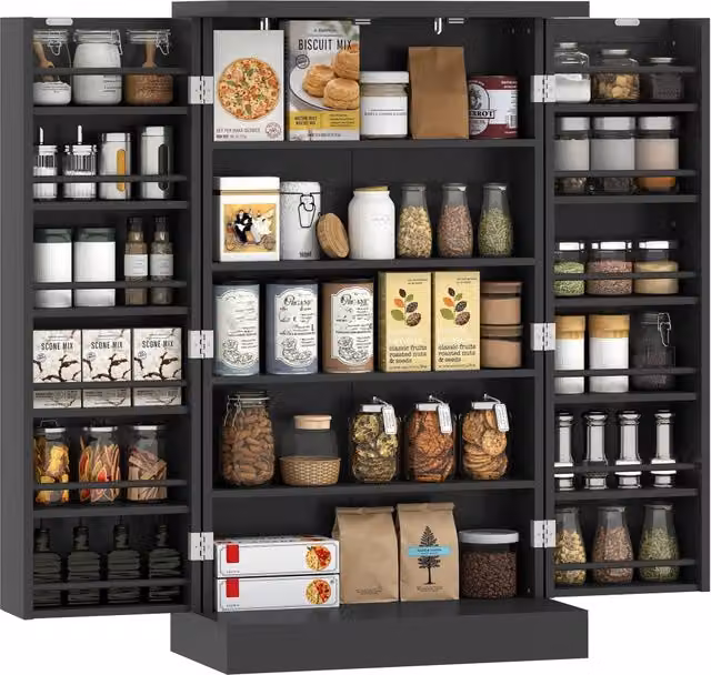 Armoire de Cuisine, Buffet Cuisine, avec 2 Portes, 12 Porte-Racks, 5 Compartiments et Étagères Réglables, Noir