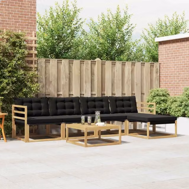 Set di divani da esterno vidaXL a forma di L composto da 6 pezzi con tavolino da caffè e pouf, in legno di acacia e tessuto textilene, Bianco e Nero – 1