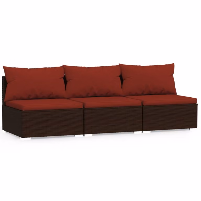 Divano a 3 Posti con Cuscini in Polyrattan Marrone