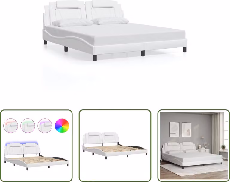 The Living Store Struttura letto con LED bianco e nero 180x200 cm in ecopelle