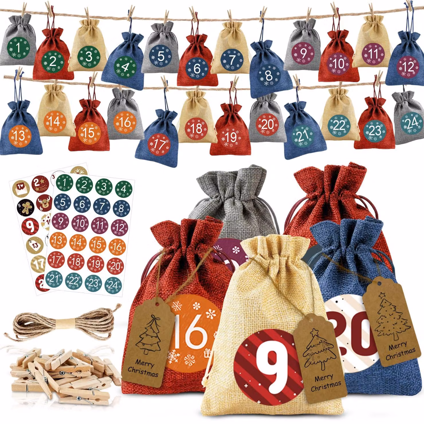 Set di 24 sacchetti per l'avvento, riutilizzabili, blu, da riempire