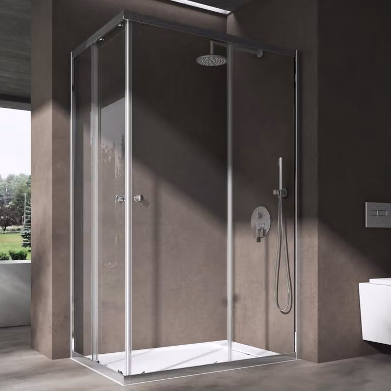 doporro Box Doccia Angolare 80x120 cm H 190 con 2 Ante Scorrevoli in Vetro Temperato 6 mm Trasparente, Profilo Cromo Lucido, con Piatto Doccia Acrilico - Ravenna16K