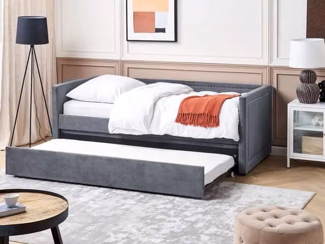 Letto da giorno estraibile BELIANI in velluto a coste grigio con rete a doghe e testiera decorata L/P/H: 200 x 90 x 84 cm – 1