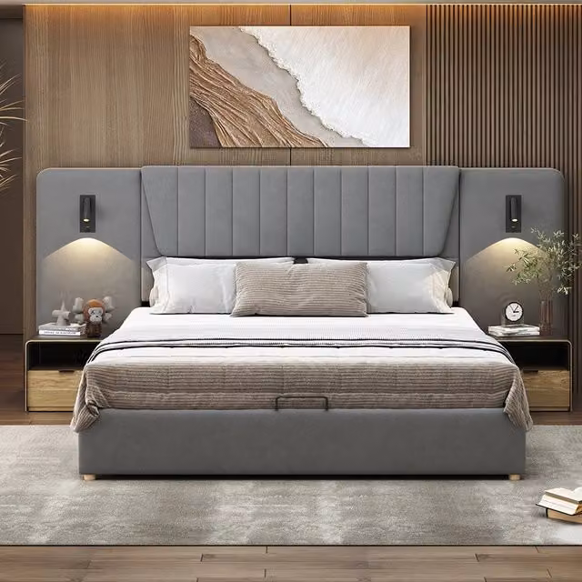 Letto a cassettoni - Xylo - 180x200 cm - Grigio - Dossier lungo, lampada, USB