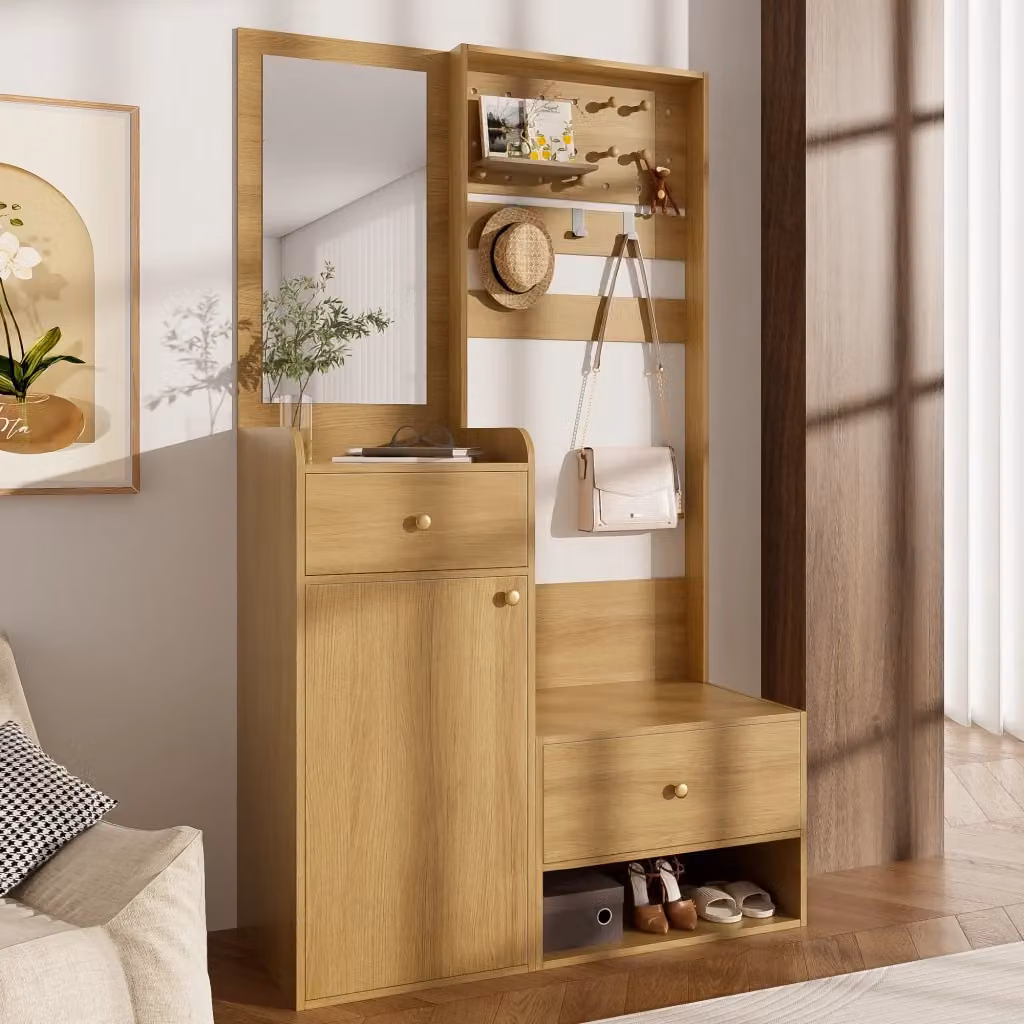 Mobile ingresso moderno con panca e specchio marrone, contenitore multifunzionale in legno con ganci e ripiani interni, L: 180 cm, H: 105 cm, P: 45,4 cm – 2