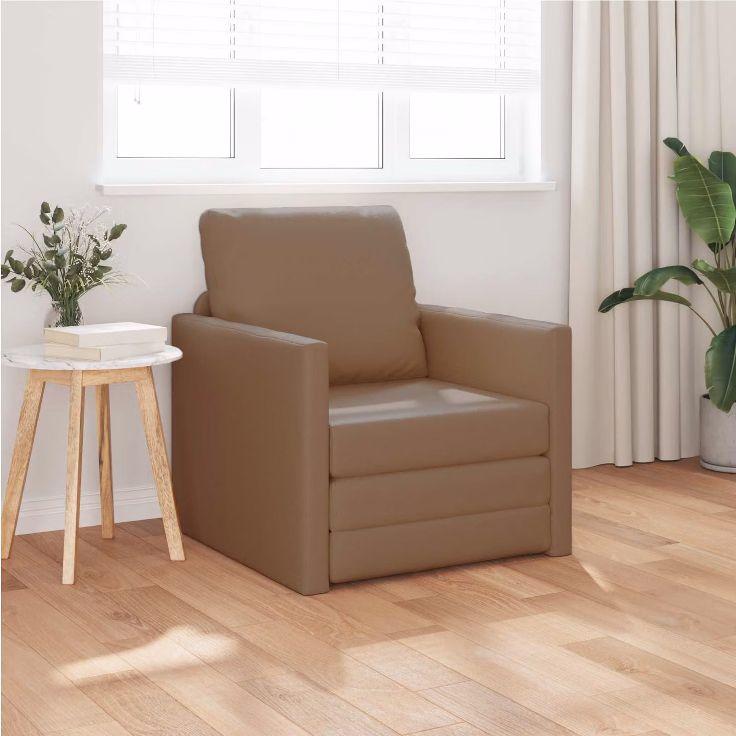Divano letto vidaXL in pelle artificiale color beige e marrone con braccioli, modello click-clack moderno per soggiorno, L: 77 cm, P: 74 cm, H: 81 cm