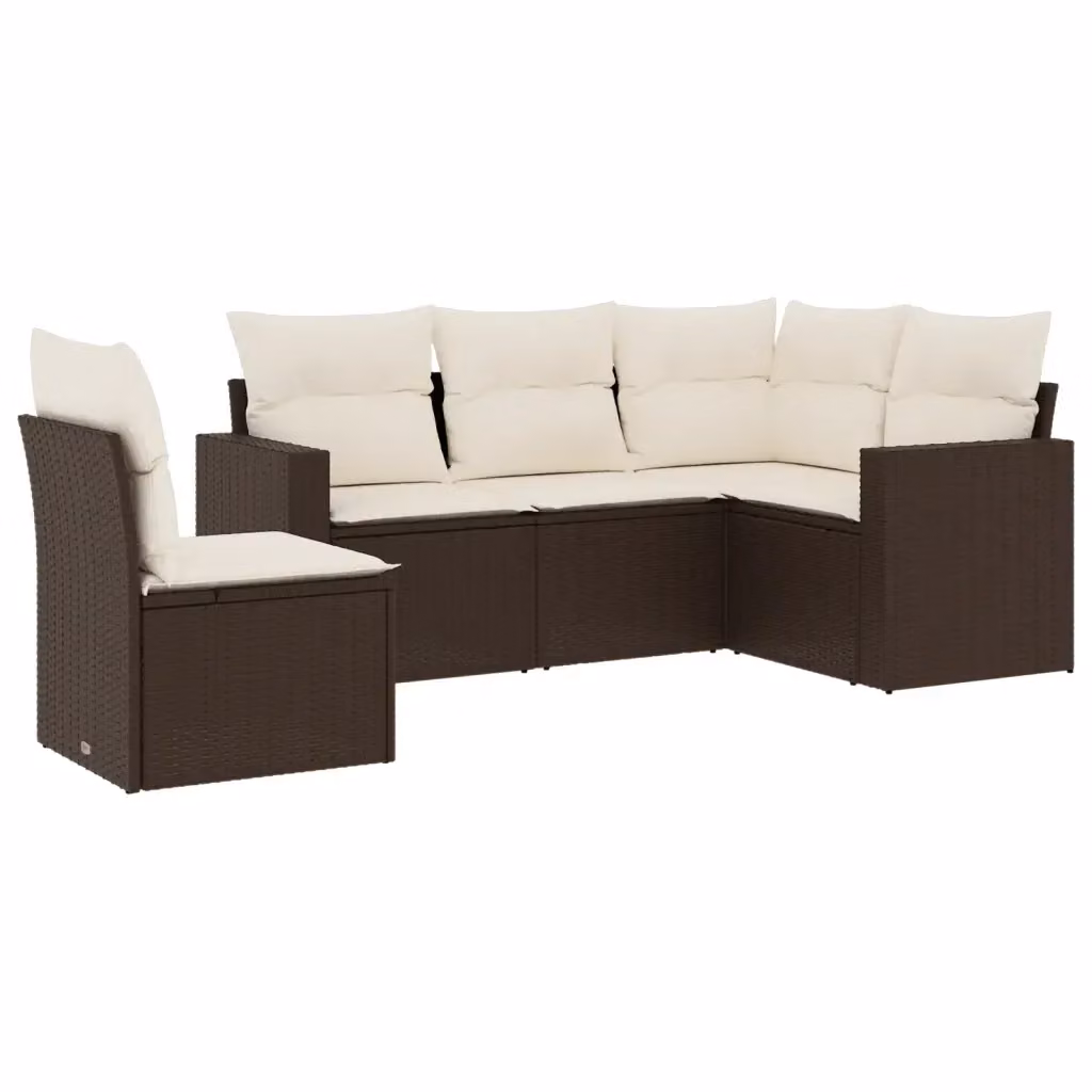 vidaXL Set Divano da Giardino a L 5 pz in Polyrattan Marrone con Cuscini Bianchi e Struttura in Metallo – 2